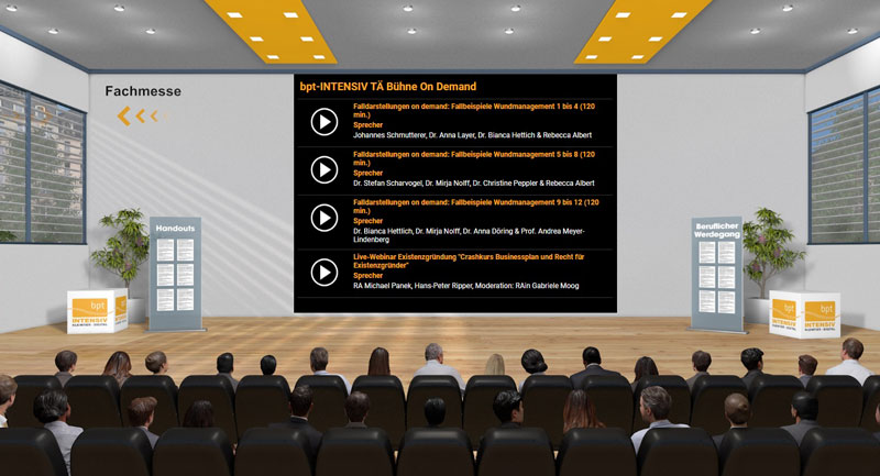 Auch On-Demand Webinare sind Teil der bpt-INTENSIV 2021 (Bildrechte: bpt-Akademie GmbH) Virtueller Vortragsraum