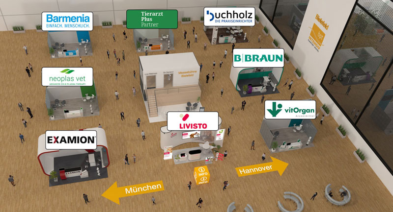 Eine der drei Messehallen im Fachmessen-Bereich: Die Messehalle Bielefeld mit ihren virtuellen Ständen (Bildrechte: bpt-Akademie GmbH) Virtuelle Messehalle