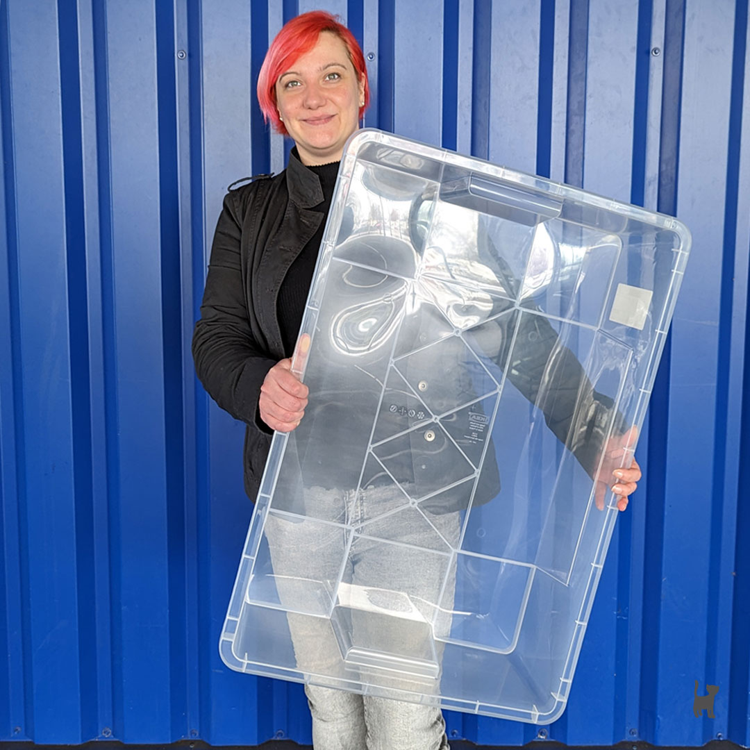 Miriam hält eine große, transparente Plastikbox in den Händen